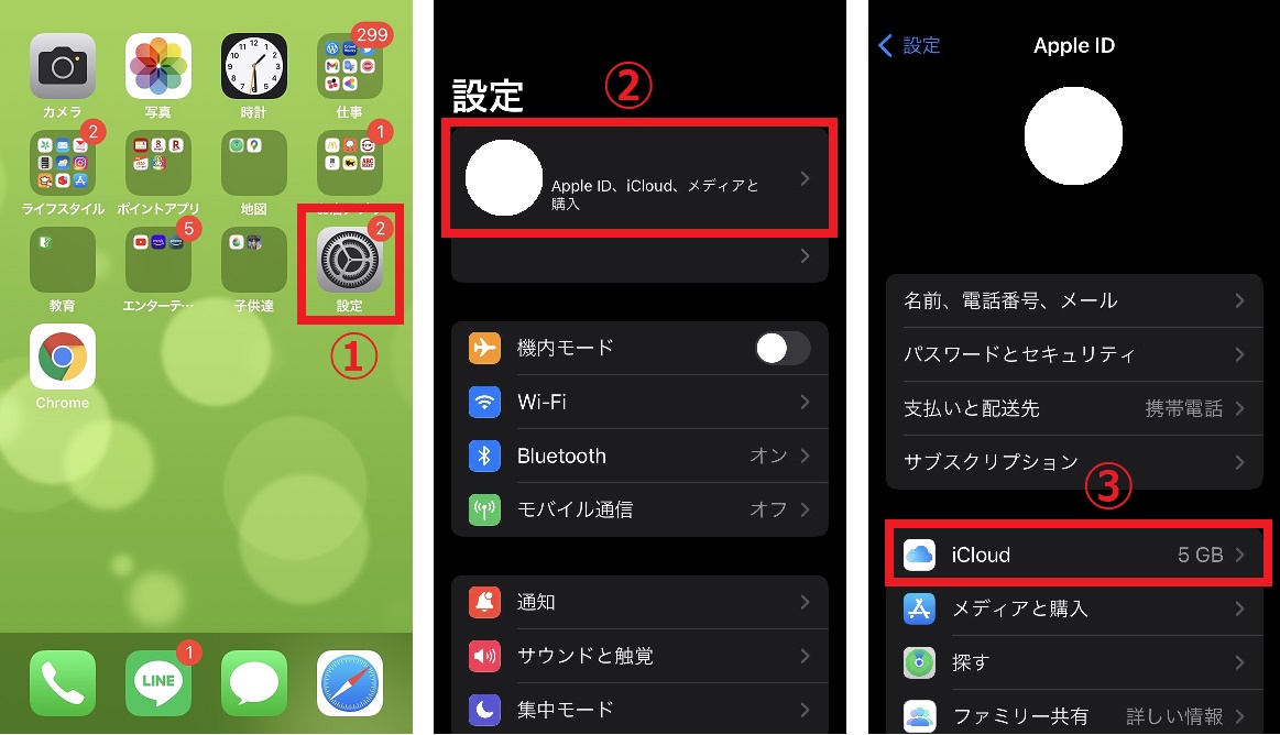 iPhoneの「設定」アプリ → 「Appleアカウント」 → 「iCloud」 をタップ